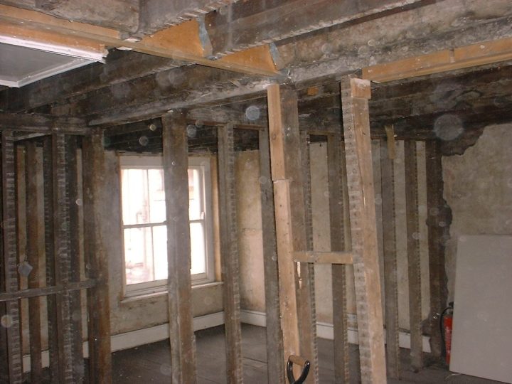 New stud walls going up behind a sash window