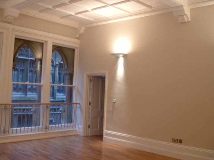 The first-floor room after the conversion, looking towards the arcade windows