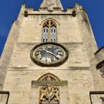 Looking up towards the spire of St John on the Wall, the last surviving of four walled churches in Bristol.