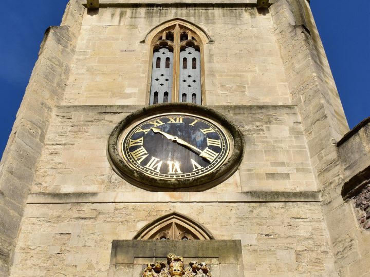 Looking up towards the spire of St John on the Wall, the last surviving of four walled churches in Bristol.