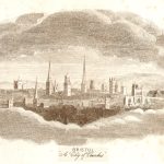 Skyline of central Bristol, England in 1843, showing its church towers and spires. They appear to include the Cathedral Church