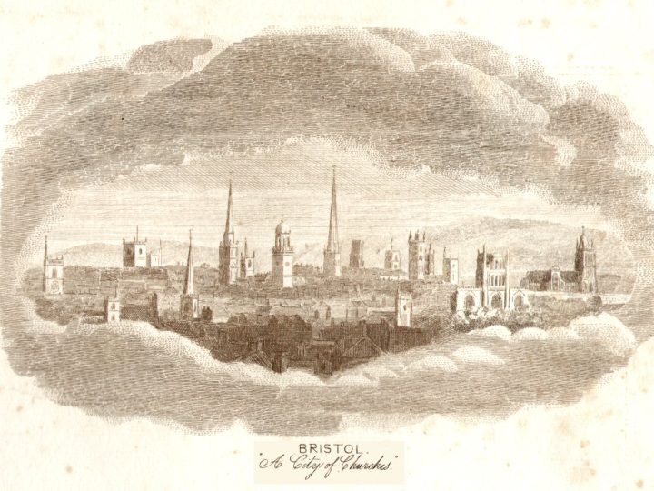 Skyline of central Bristol, England in 1843, showing its church towers and spires. They appear to include the Cathedral Church