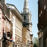 Broad Street, Bristol, with the tower and spire of the parish church of Christ with St Ewen