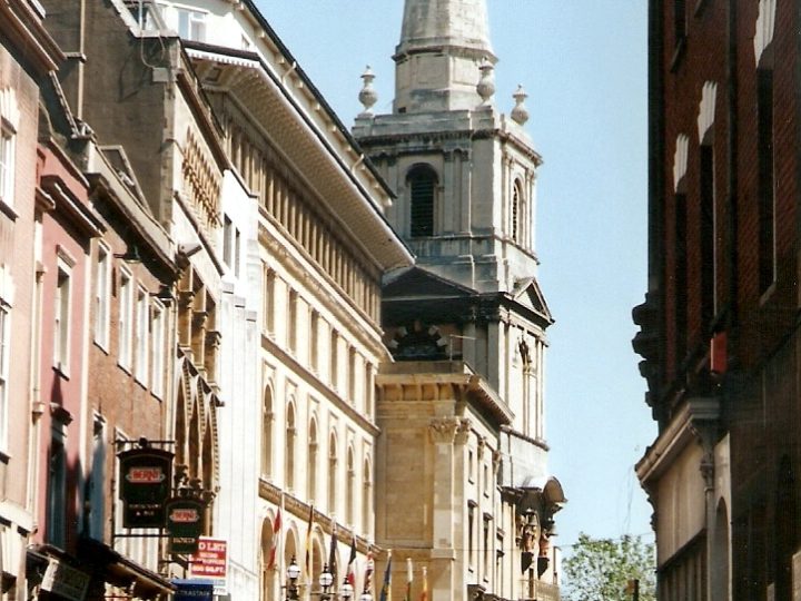 Broad Street, Bristol, with the tower and spire of the parish church of Christ with St Ewen