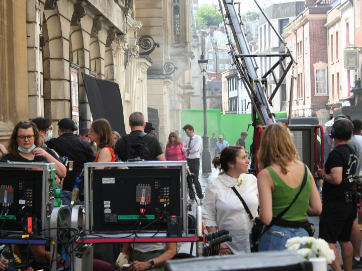 A picture from a public filming for the Doctor Who special The Giggle in Bristol, United Kingdom. Both David Tennant