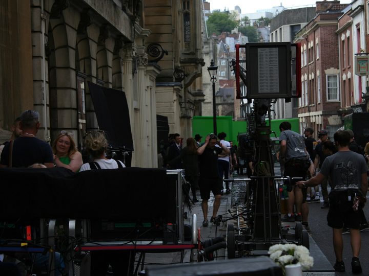 A picture from a public filming for the Doctor Who special The Giggle in Bristol, United Kingdom. Both David Tennant