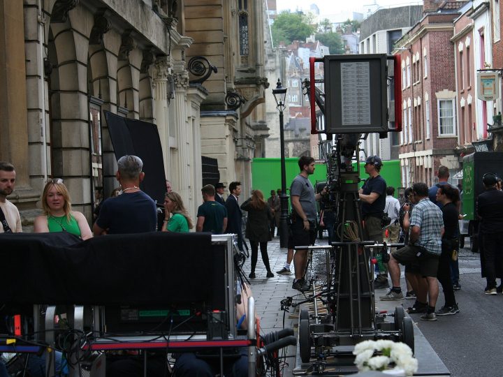 A picture from a public filming for the Doctor Who special The Giggle in Bristol, United Kingdom. Both David Tennant