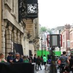 A picture from a public filming for the Doctor Who special The Giggle in Bristol, United Kingdom. Both David Tennant