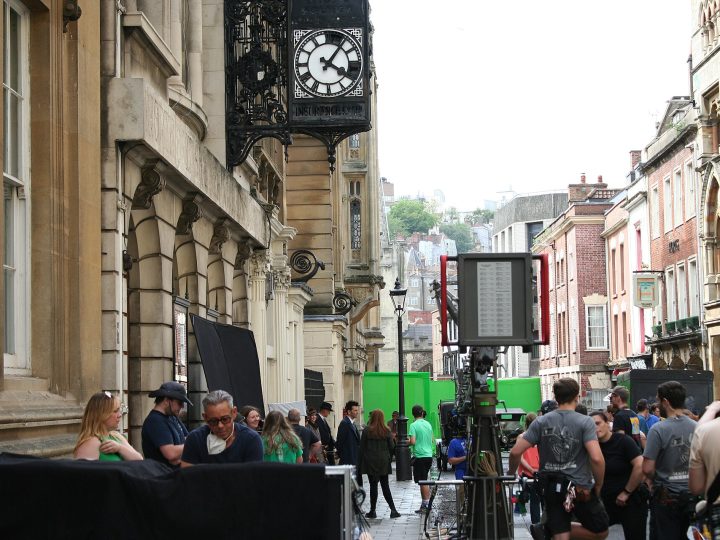 A picture from a public filming for the Doctor Who special The Giggle in Bristol, United Kingdom. Both David Tennant
