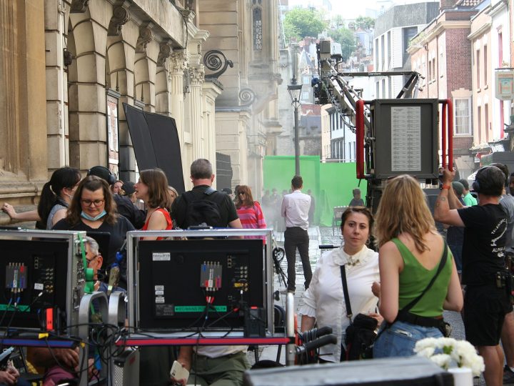 A picture from a public filming for the Doctor Who special The Giggle in Bristol, United Kingdom. Both David Tennant