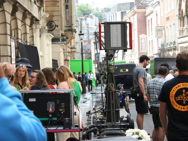 A picture from a public filming for the Doctor Who special The Giggle in Bristol, United Kingdom. David Tennant can