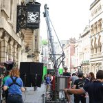 A picture from a public filming for the Doctor Who special The Giggle in Bristol, United Kingdom. This picture displays