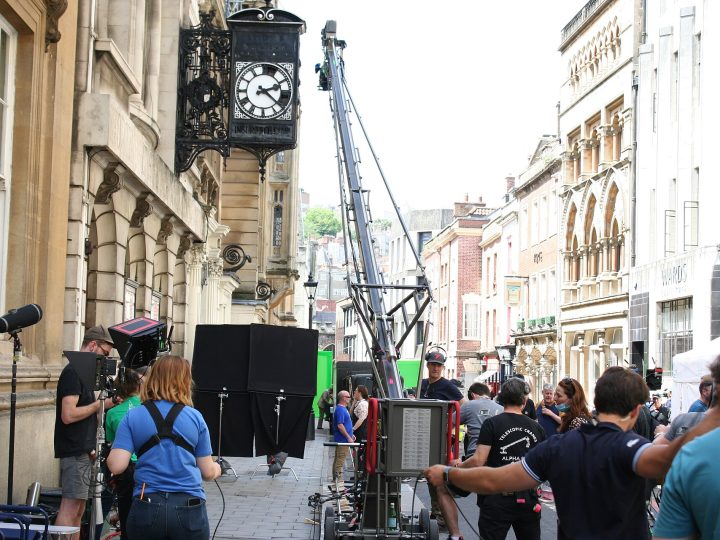 A picture from a public filming for the Doctor Who special The Giggle in Bristol, United Kingdom. This picture displays